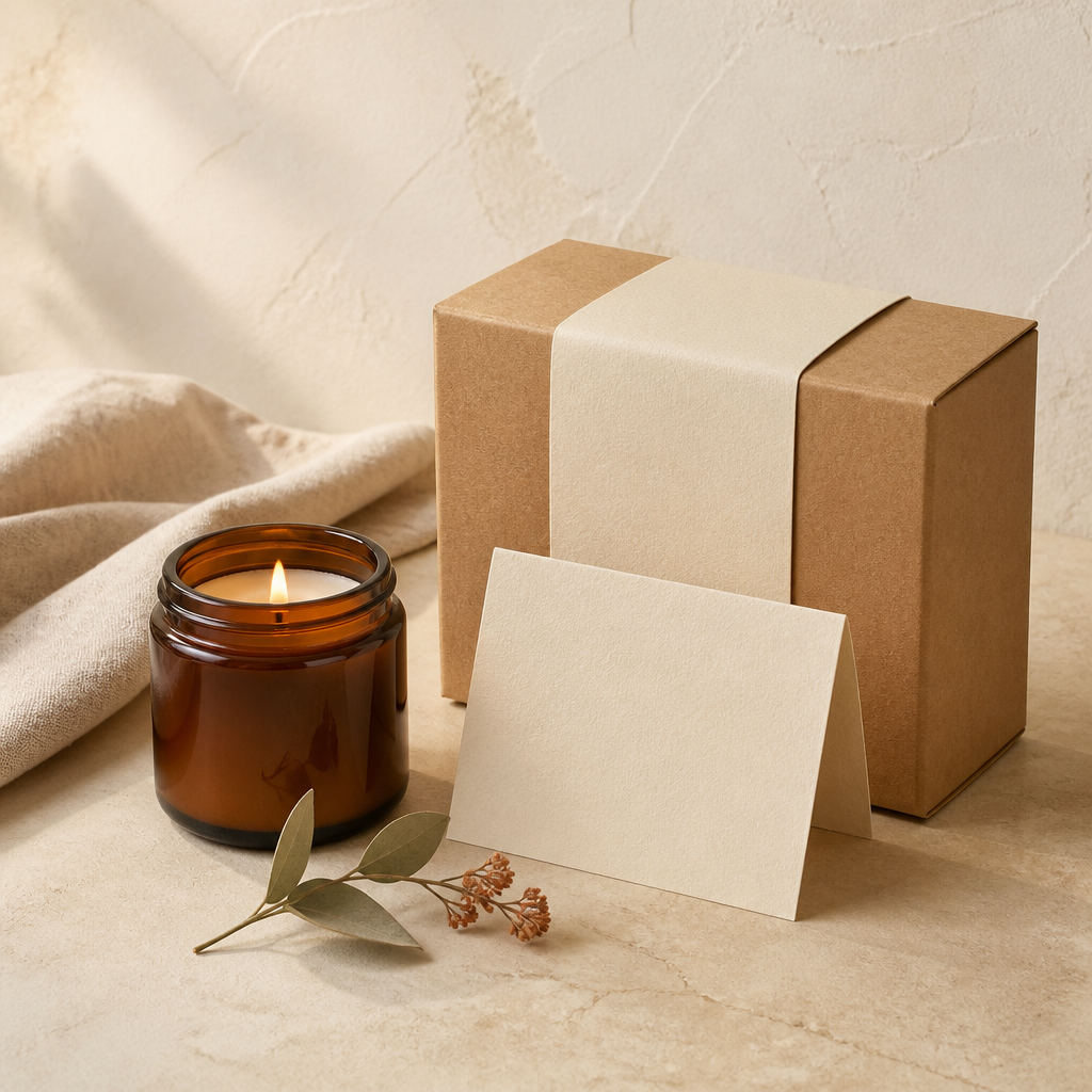 Aroma gift set with an amber candle, cream card and kraft gift box