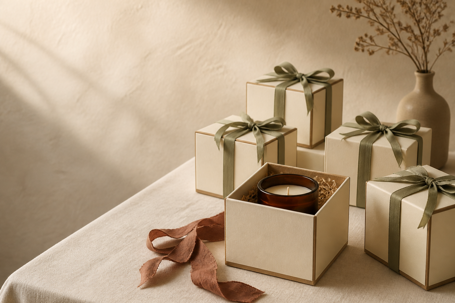 Cream aroma gift boxes arranged for a branded gifting moment