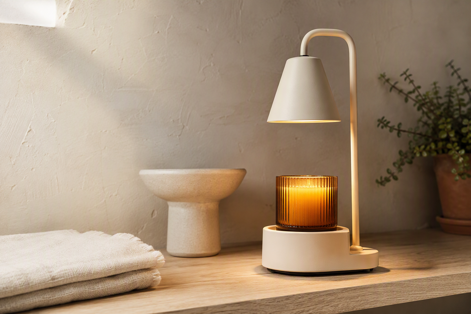 Candle warmer lamp arranged on a warm boutique shelf
