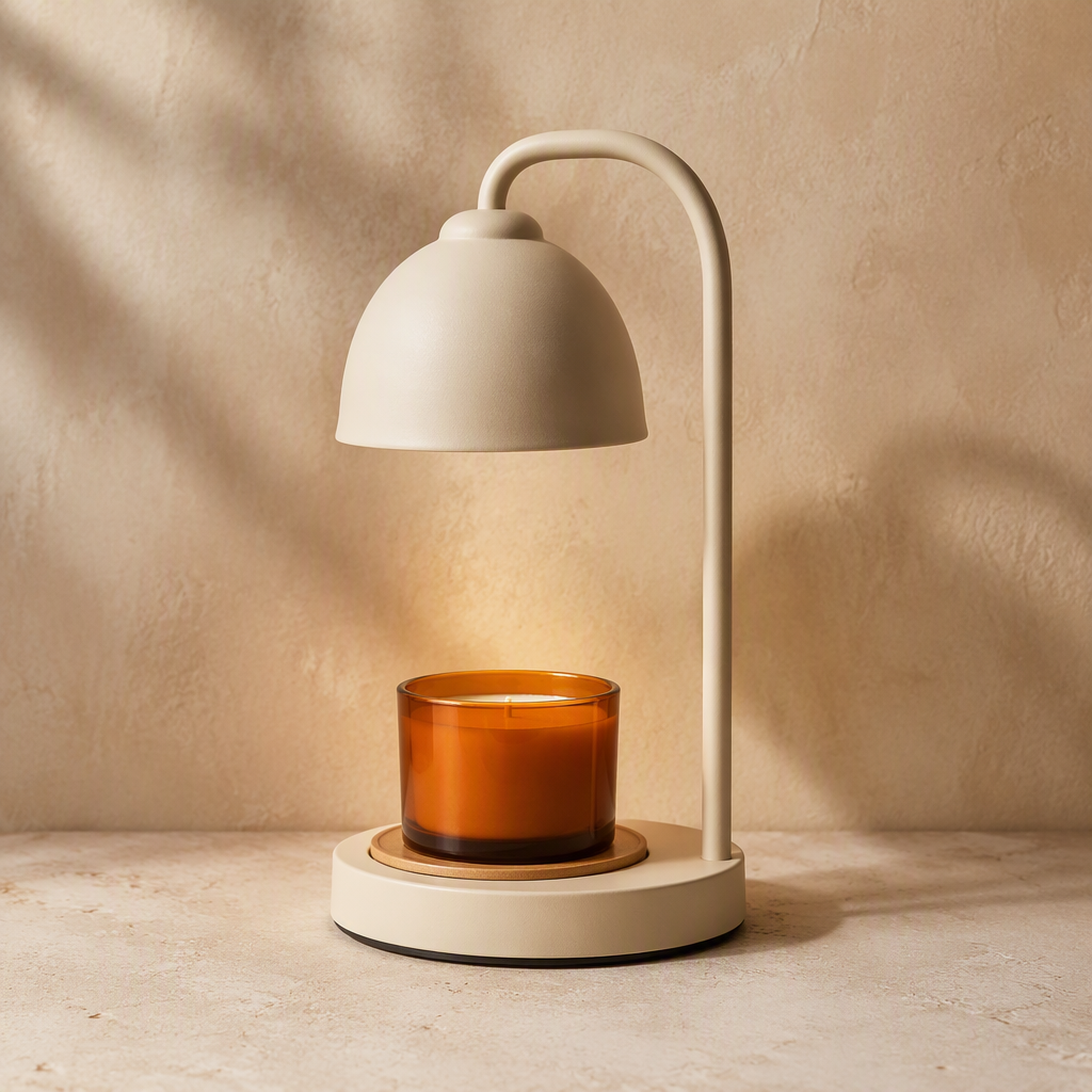Cream candle warmer lamp with a downward-facing shade warming an amber glass candle