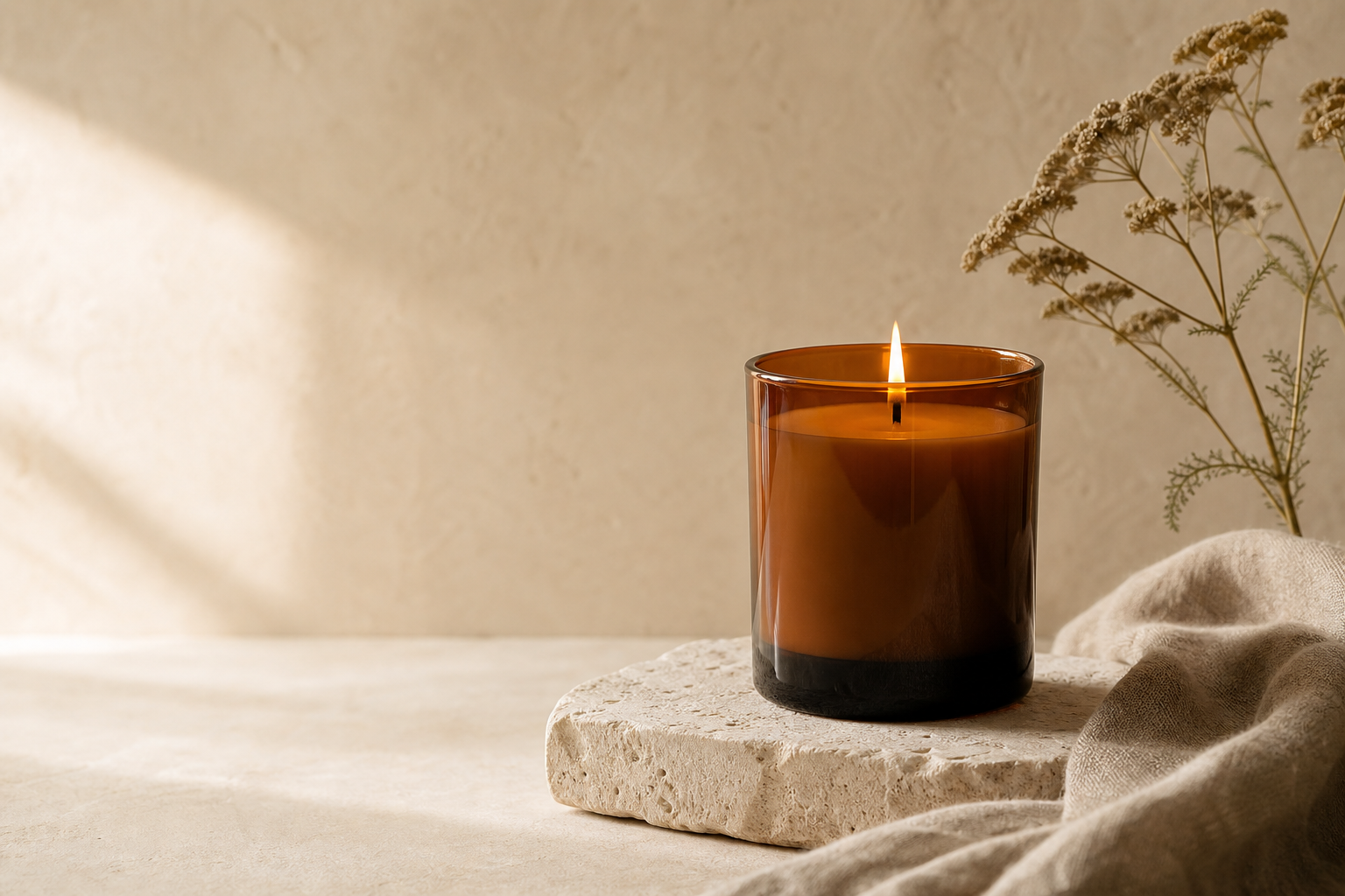 Amber candle and botanical stems in a warm beige scent studio