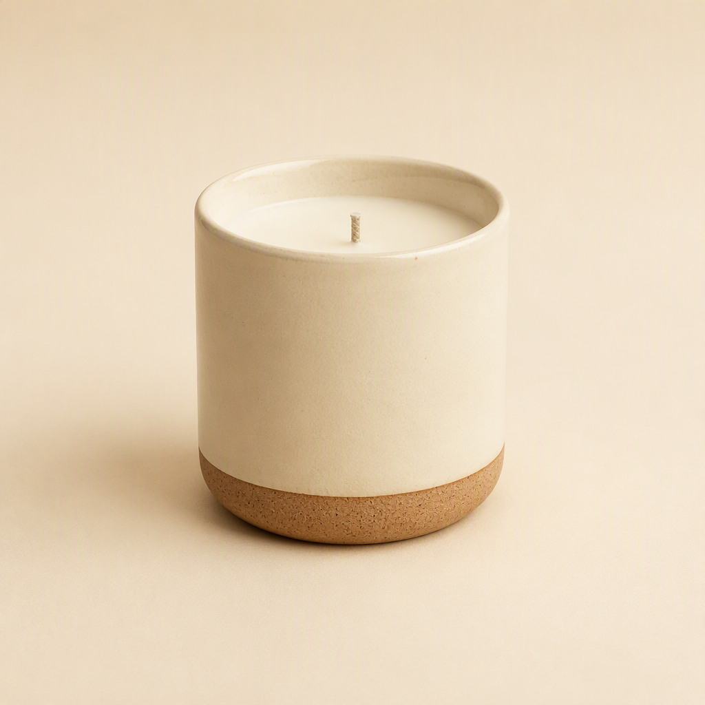 Warm ivory scented candle in a clean studio catalogue setting