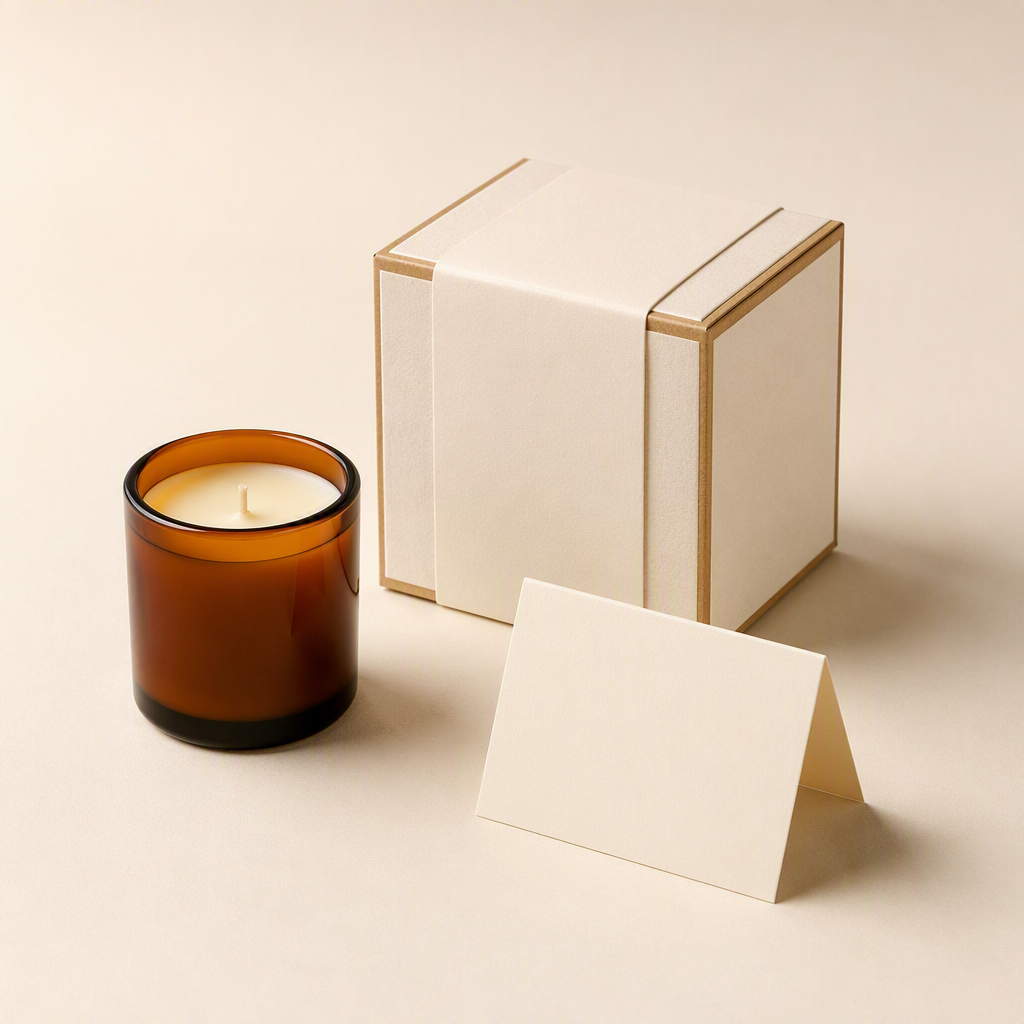 Aroma gift set with amber candle, cream box and blank card in a clean studio catalogue setting