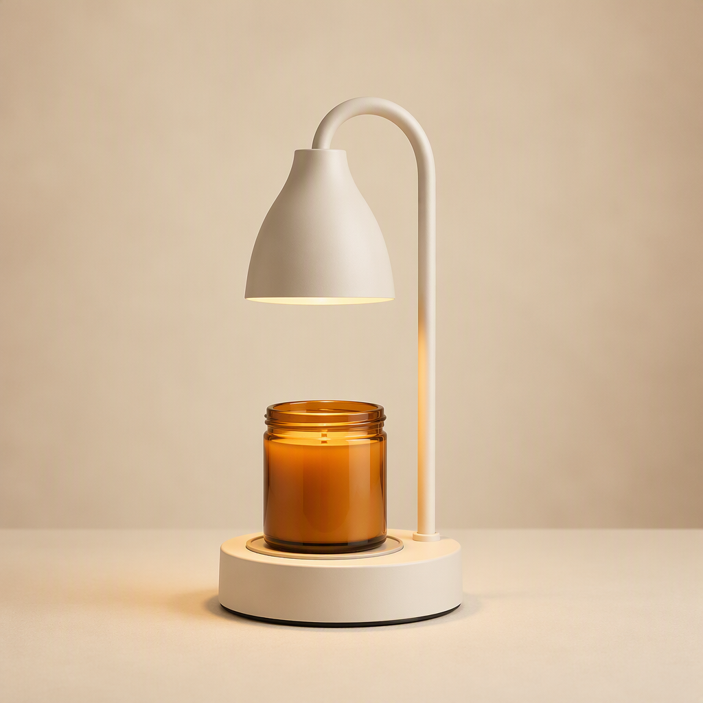 Cream candle warmer lamp with downward-facing shade in a clean studio catalogue setting