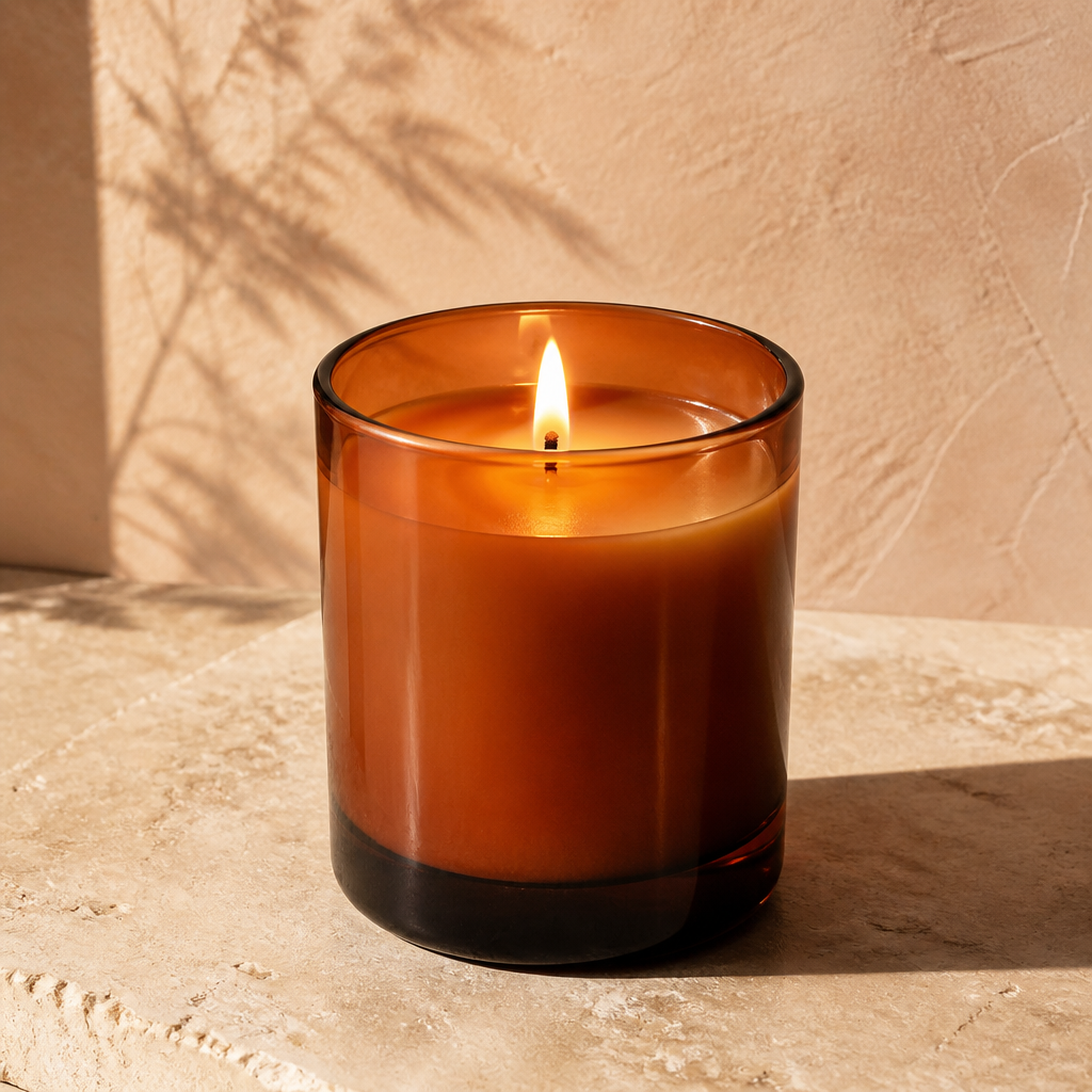 Amber glass scented candle with a warm flame on a pale stone surface