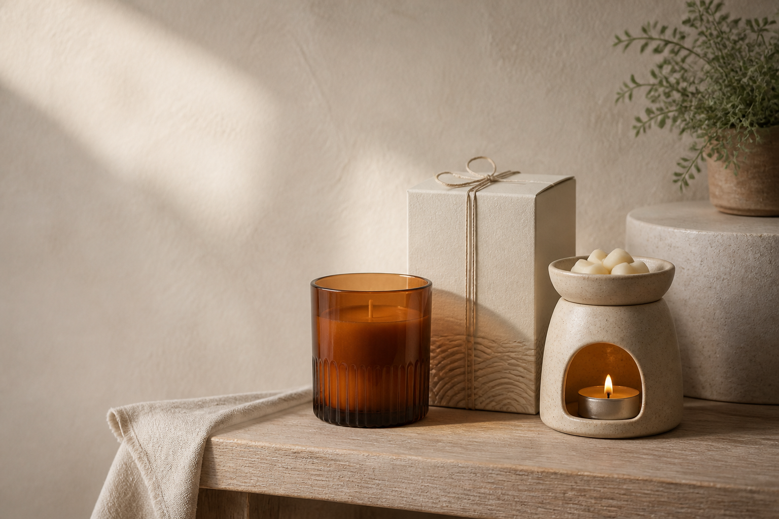 Curated home-fragrance products arranged on a warm boutique shelf